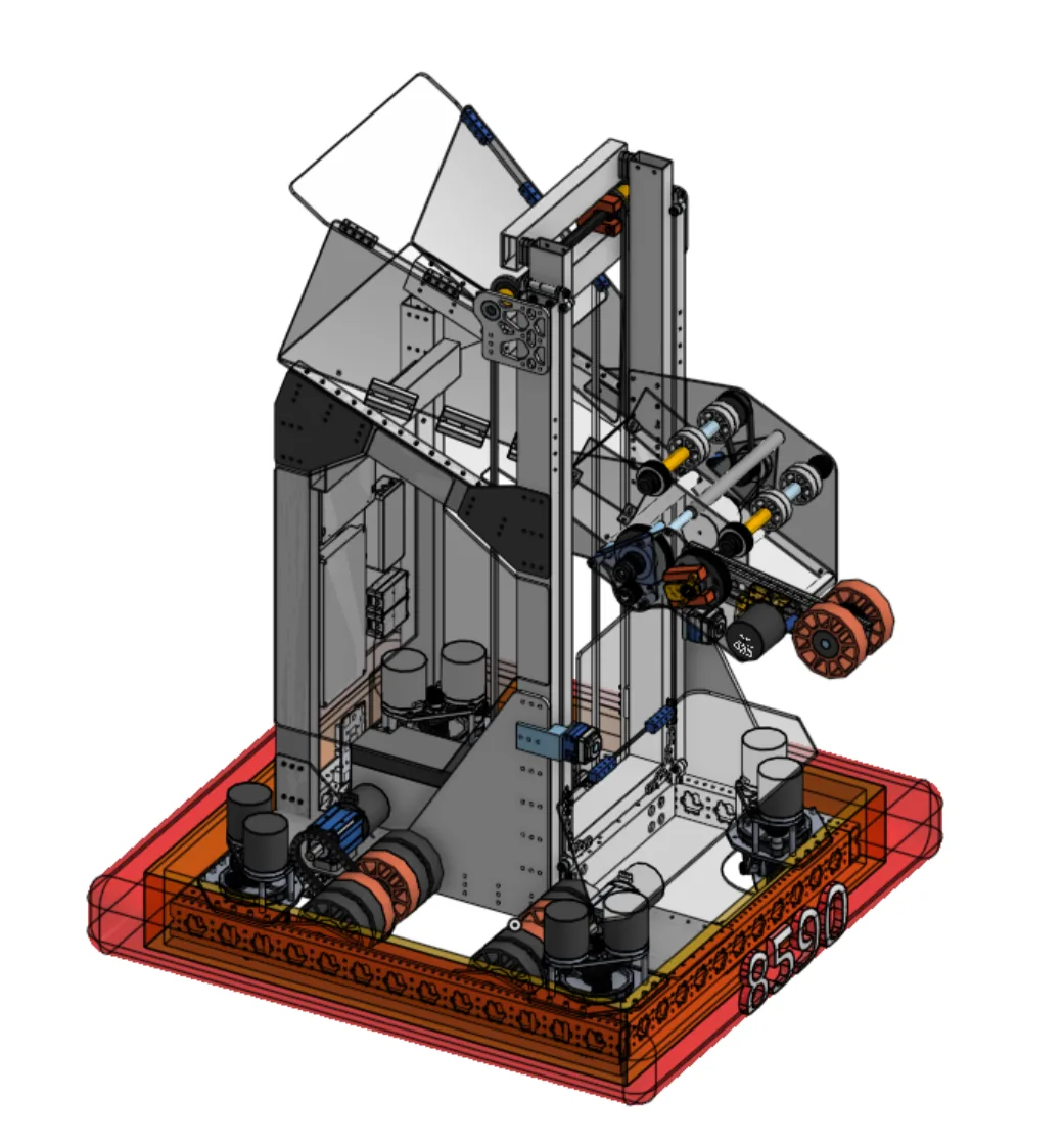 CAD render of the 2025 Reefscape competition robot